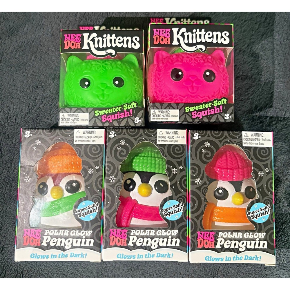 Nee Doh Knittens & Polar Glow Penguin Squishy Squeeze Toys Lot of 5 Multicolor
